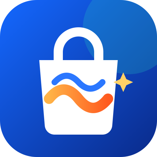 Netwave Store app icon: a white shopping bag with an orange wave on a blue background